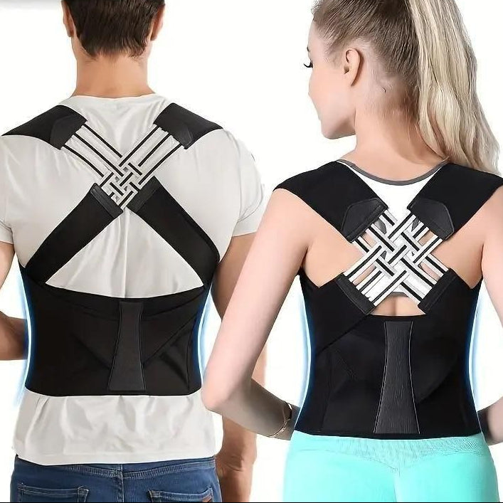 Two people wearing black posture correctors on a white background